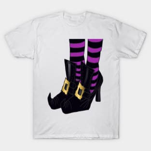 Witches Shoes with Purple and Black Stripe Sock Design T-Shirt